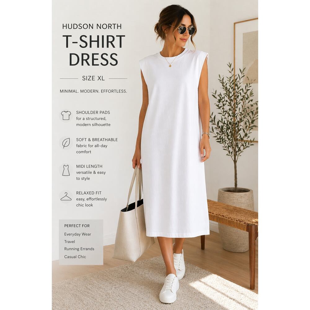 Hudson North T-shirt Dress White SZXL Midi Minimalist Modern Clean Shoulder Pad